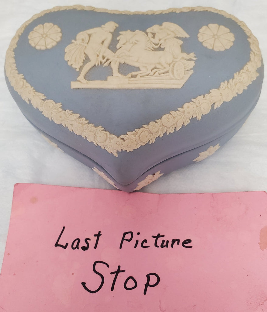 Vintage Wedgwood Blue Jasperware Heart Trinket Box Angel Horse Scene England