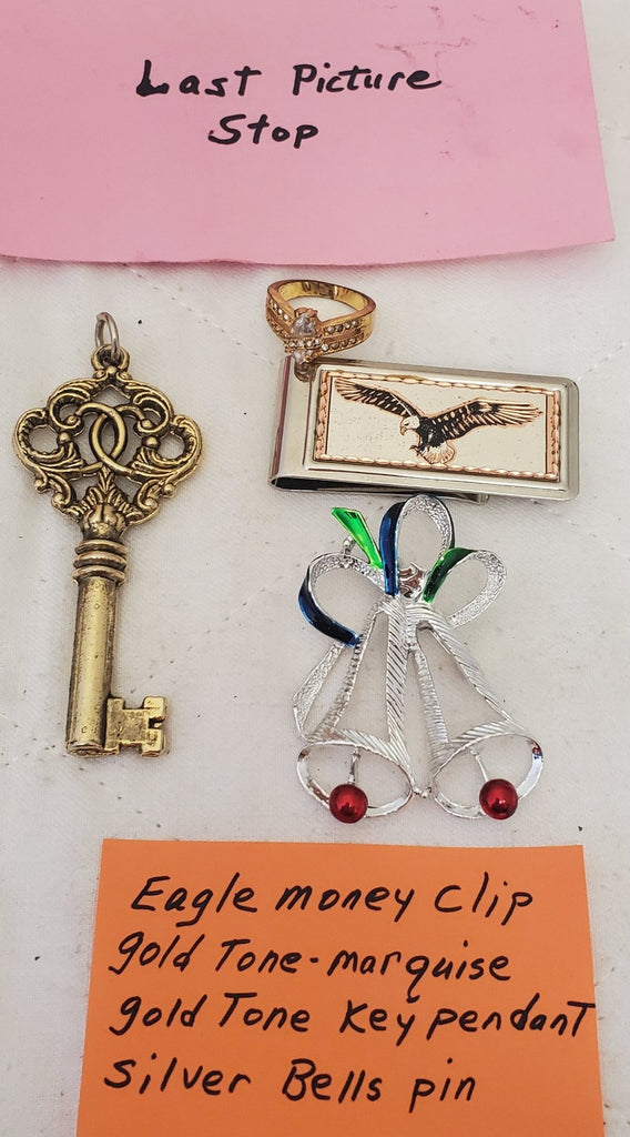 Gold Tone Eagle Money Clip, Marquise Gold Tone Key Pendant & Silver Bells Brooch