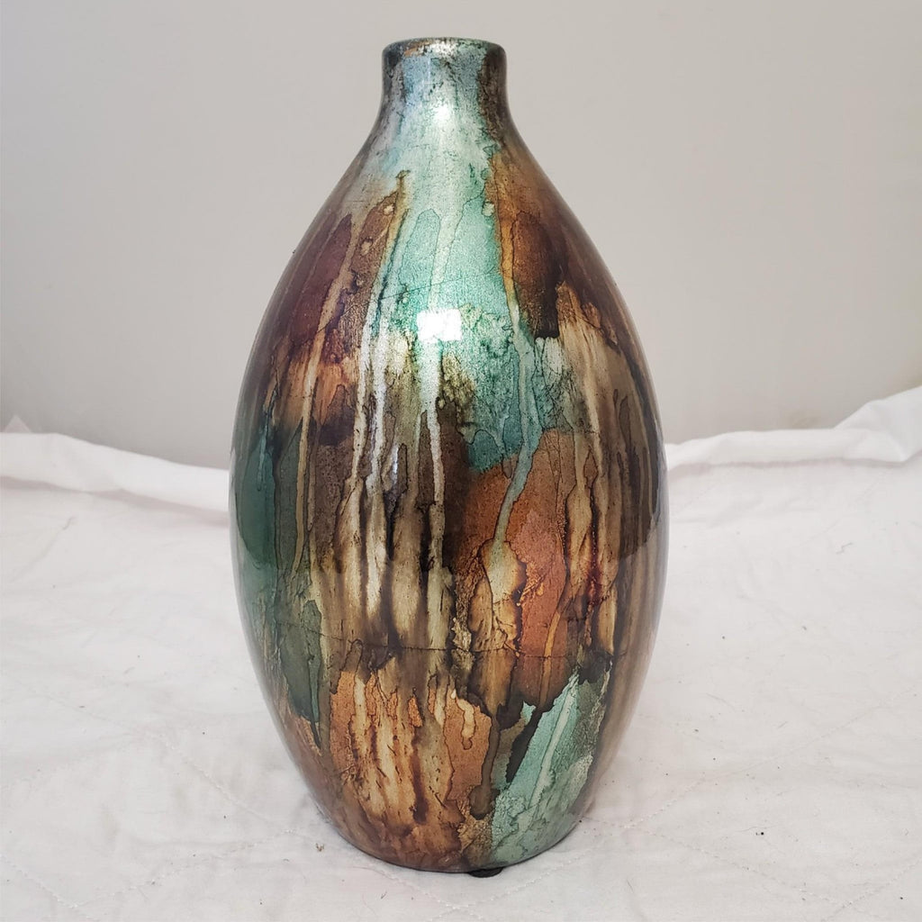 13" Turquoise Foiled & Lacquered Ceramic Vase Copper & Bronze