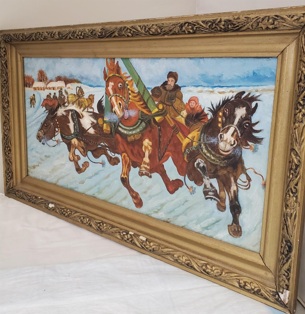 Vintage Winter Horse Sleigh Painting in Ornate Gold Frame