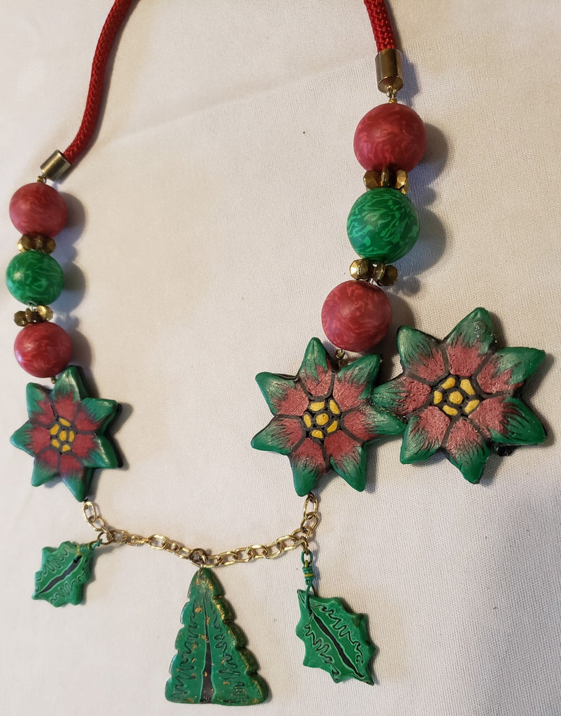Vintage Handmade Polymer Clay Millefiori Christmas Design Tree Necklace