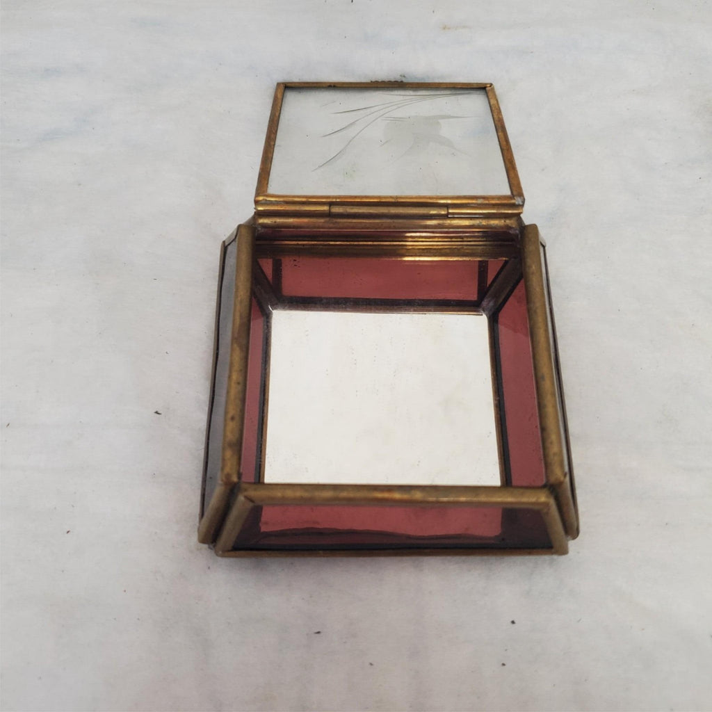 Vintage Glass & Brass Casket Shape Trinket Box Etched Flower