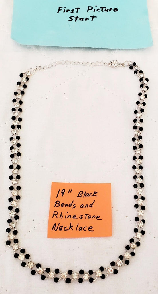19" Black Beads and Rhinestone Link Chain Necklace