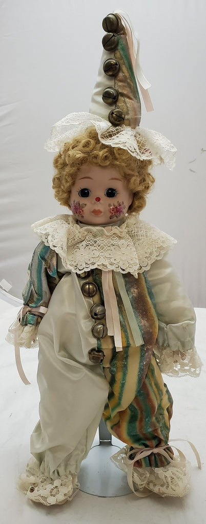 Vintage Porcelain Fashion Doll Multicolor Dress Brown Color Hair With Stand