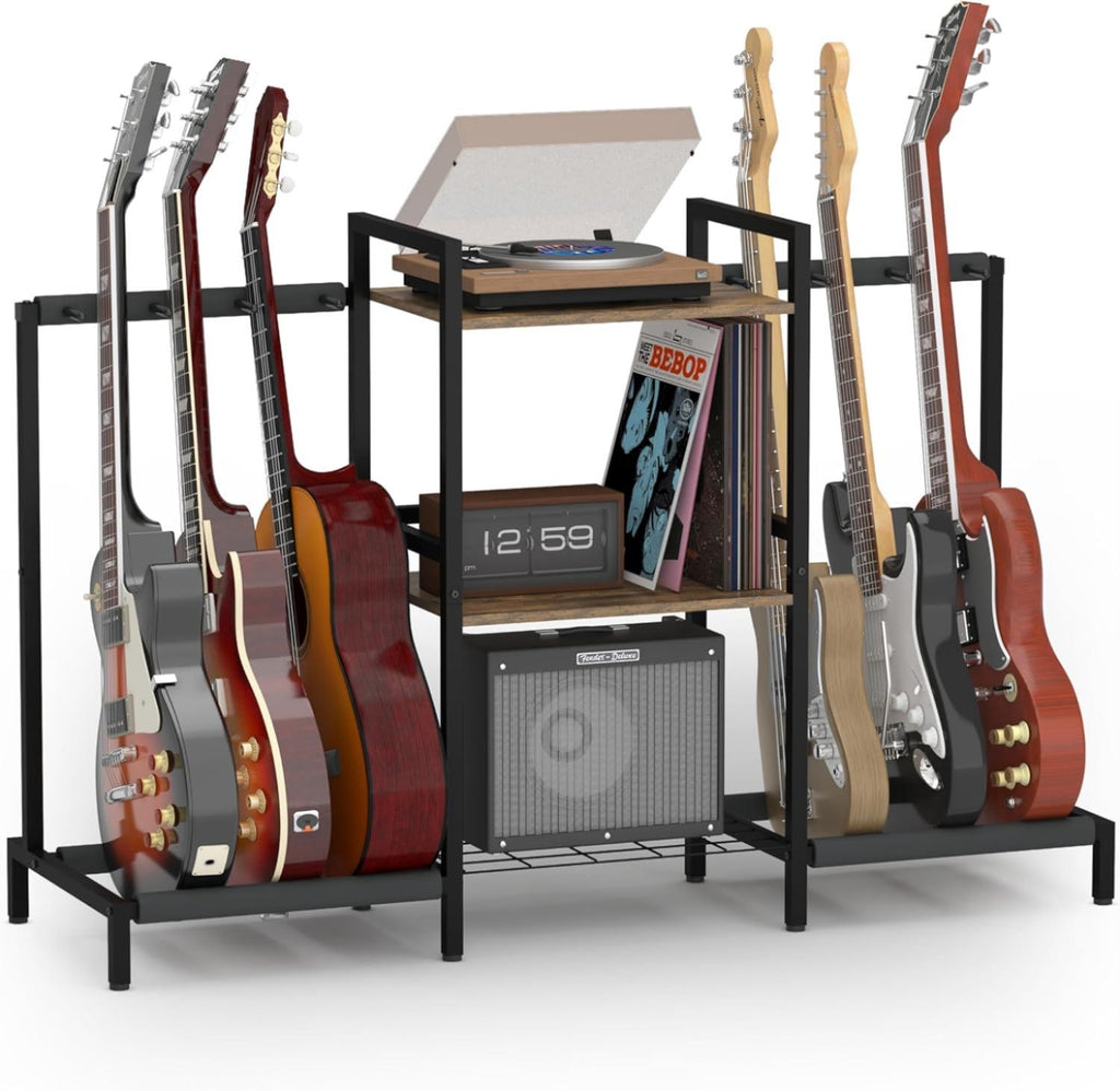 4-Tier Guitar Stand with Shelf for Acoustic, Electric, Bass Guitar - Rustic Brow