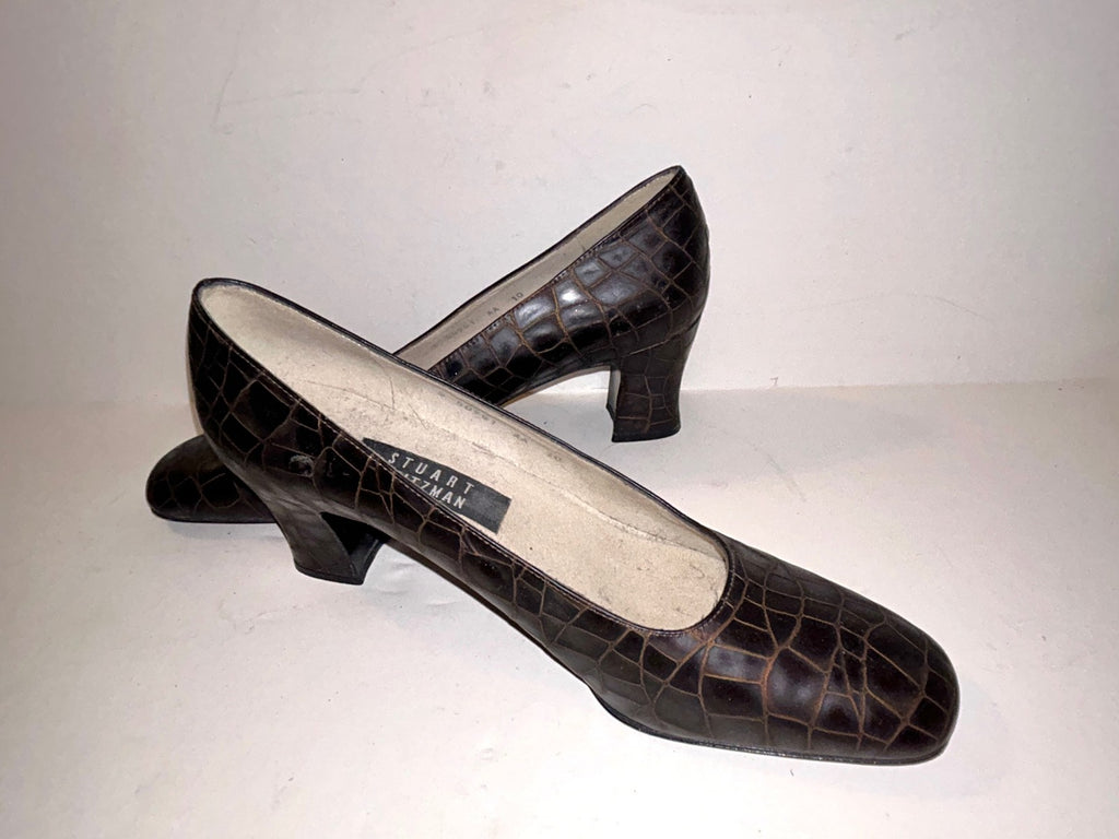 Vintage Stuart Weitzman Alligator Square Toe Brown Leather Pumps Women’s Size 10
