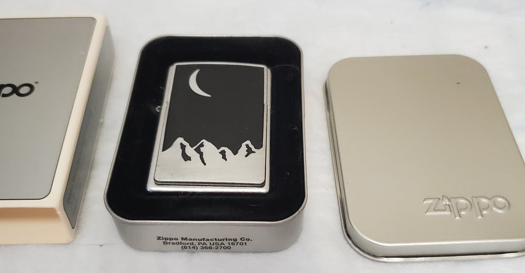 Vintage 1999 Bradford, PA Made in USA Zippo Lighter Moon Over Mountains Logo