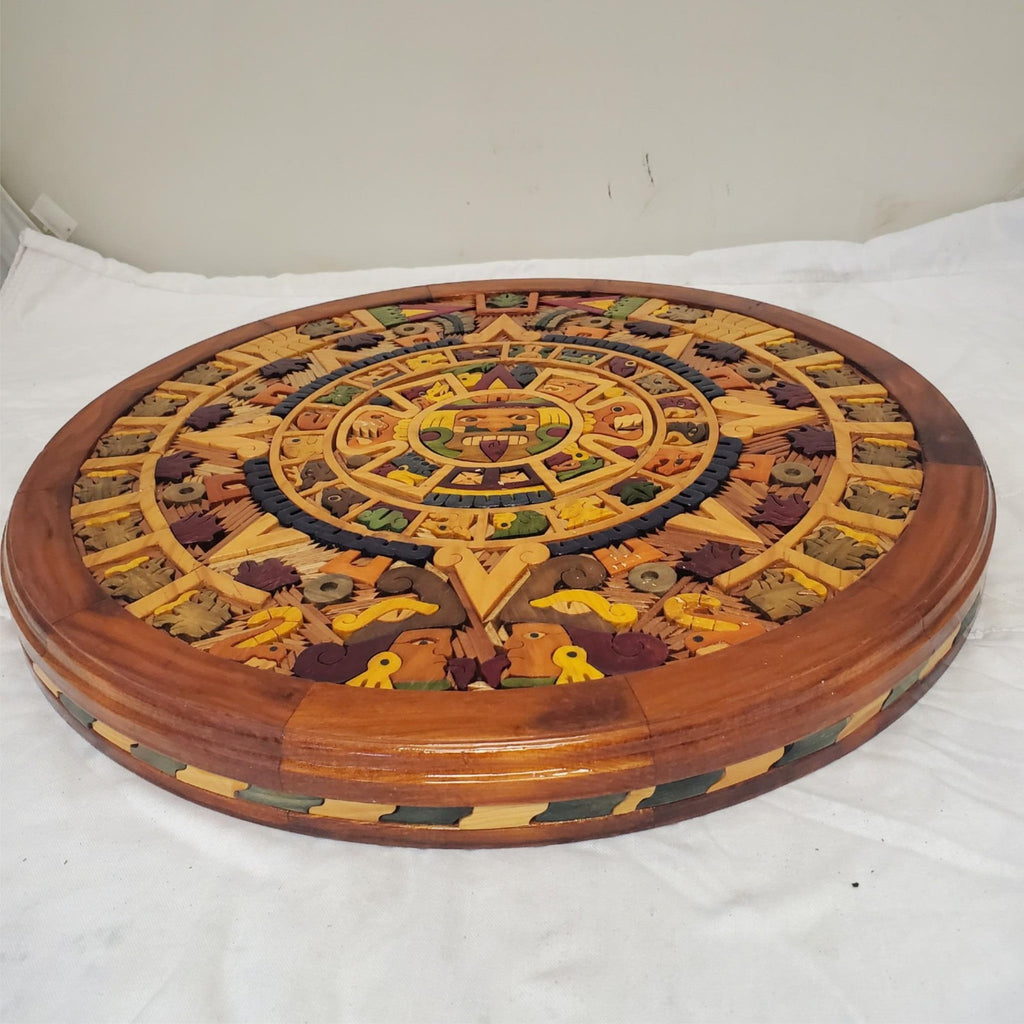 Beautiful Aztec Mayan Calendar Hand Carved Wooden Art