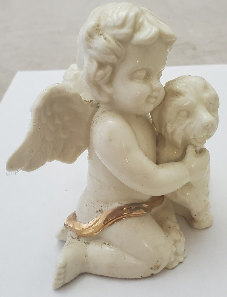 Vintage Used White Cherub Angel With Dog Statue