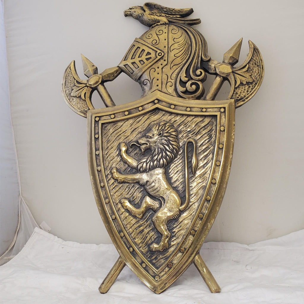 Vintage Brass Wall Plaque Knight Shield Coat of Arms Japan Lion & Battle Decor
