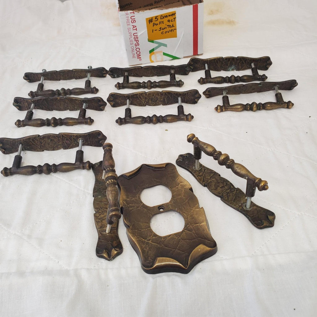 Lot of 9 Vintage Bronze Door Cabinet Drawer Handle Pulls & Switch Cover #5
