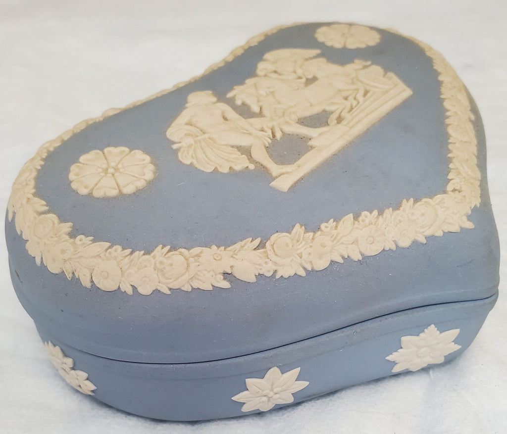 Vintage Wedgwood Blue Jasperware Heart Trinket Box Angel Horse Scene England