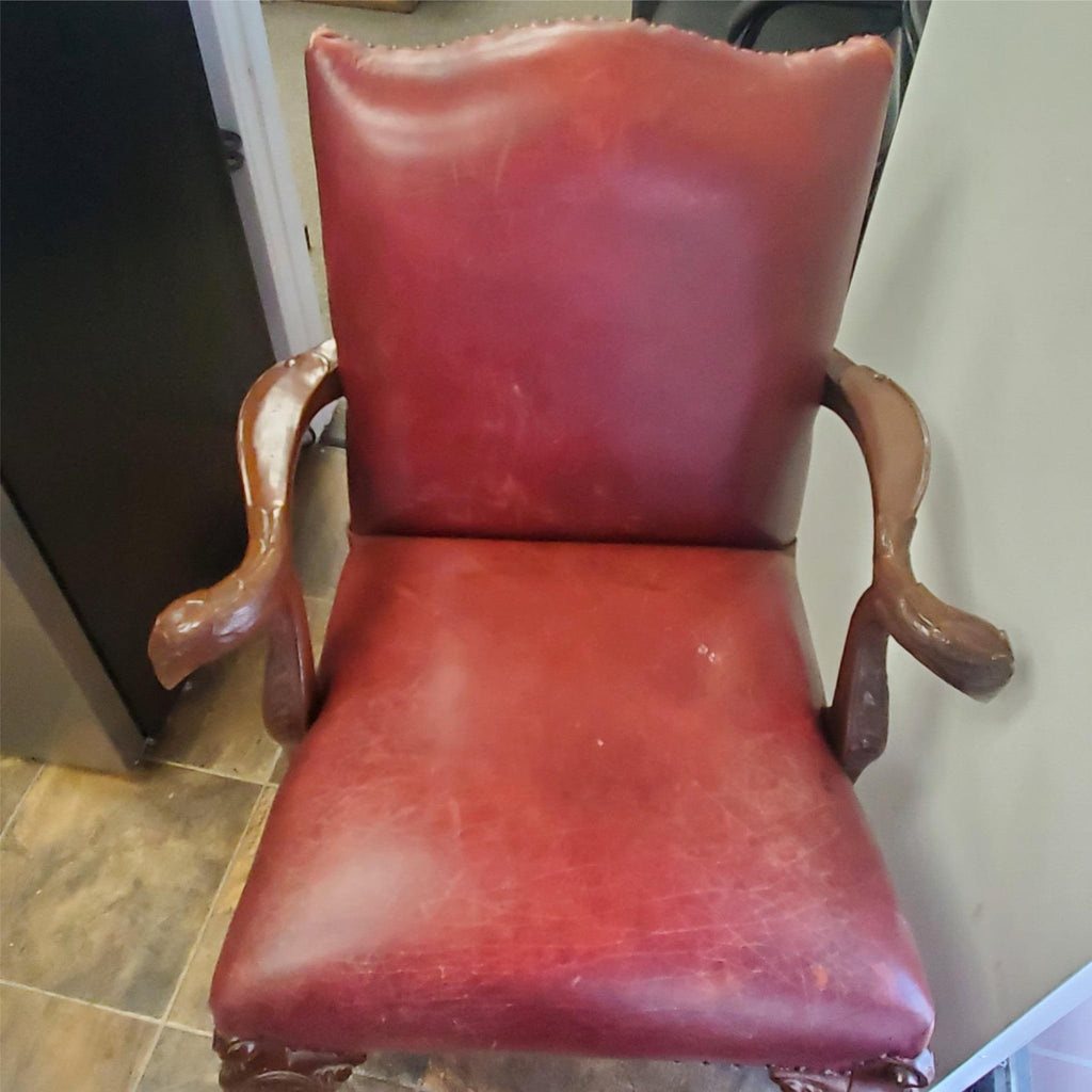 Antique Vintage Red Leather and Carved Owl Wood Armchair Law Office Chair