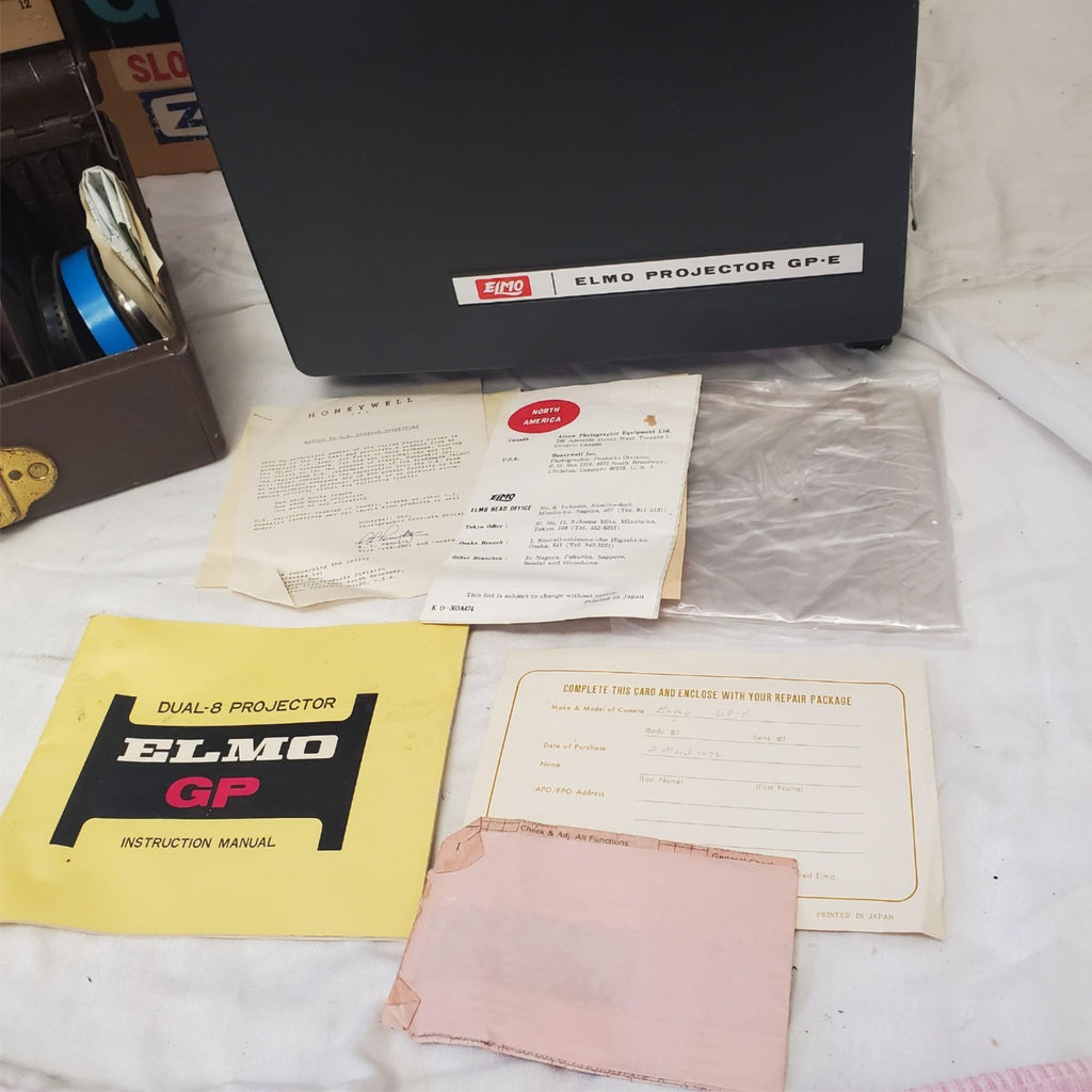 8mm Projector ELMO GP-E Slow Motion Zoom & Film Reel Storage Box