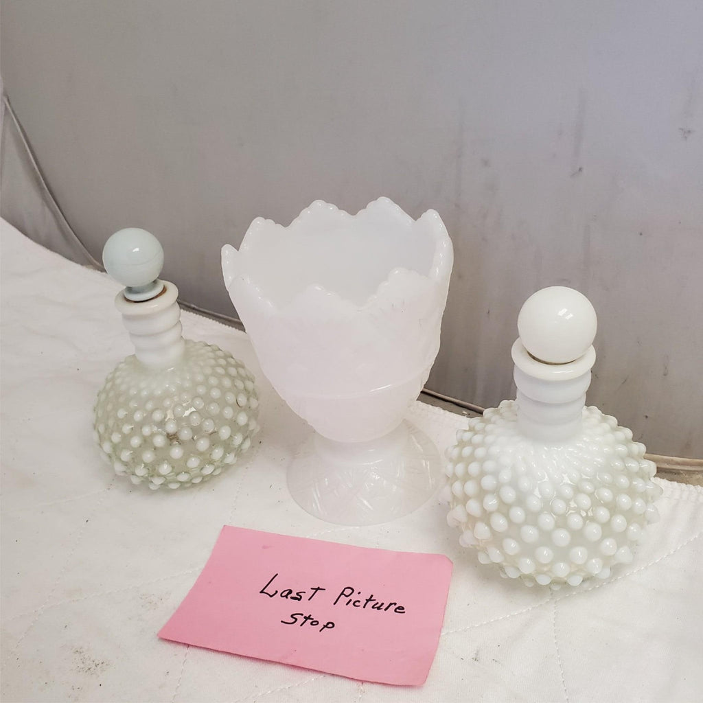 Vintage Fenton White Glass Hobnail Perfume Bottles with Sealing Caps