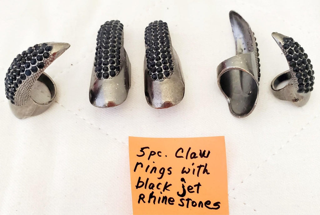 Set of 5 Claw Nail Rings with Jet Black Punk Crystal Rhinestone