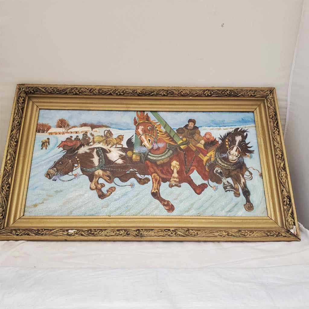 Vintage Winter Horse Sleigh Painting in Ornate Gold Frame