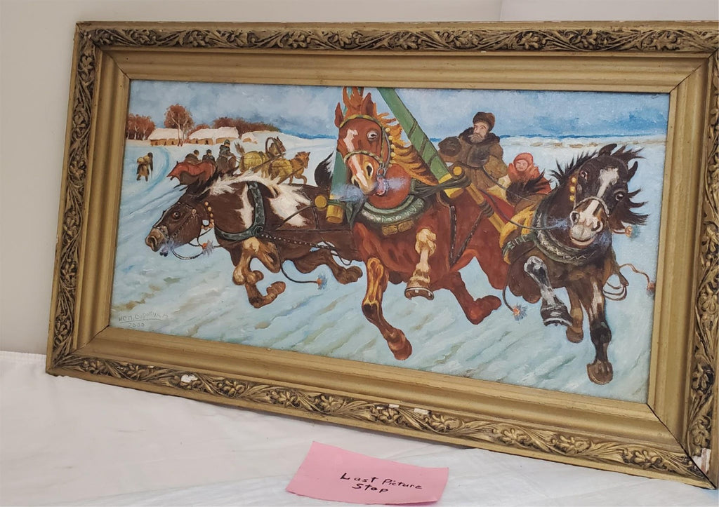 Vintage Winter Horse Sleigh Painting in Ornate Gold Frame
