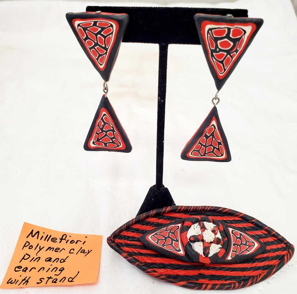 Millefiori Polymer Clay Pin and Earrings with Stand