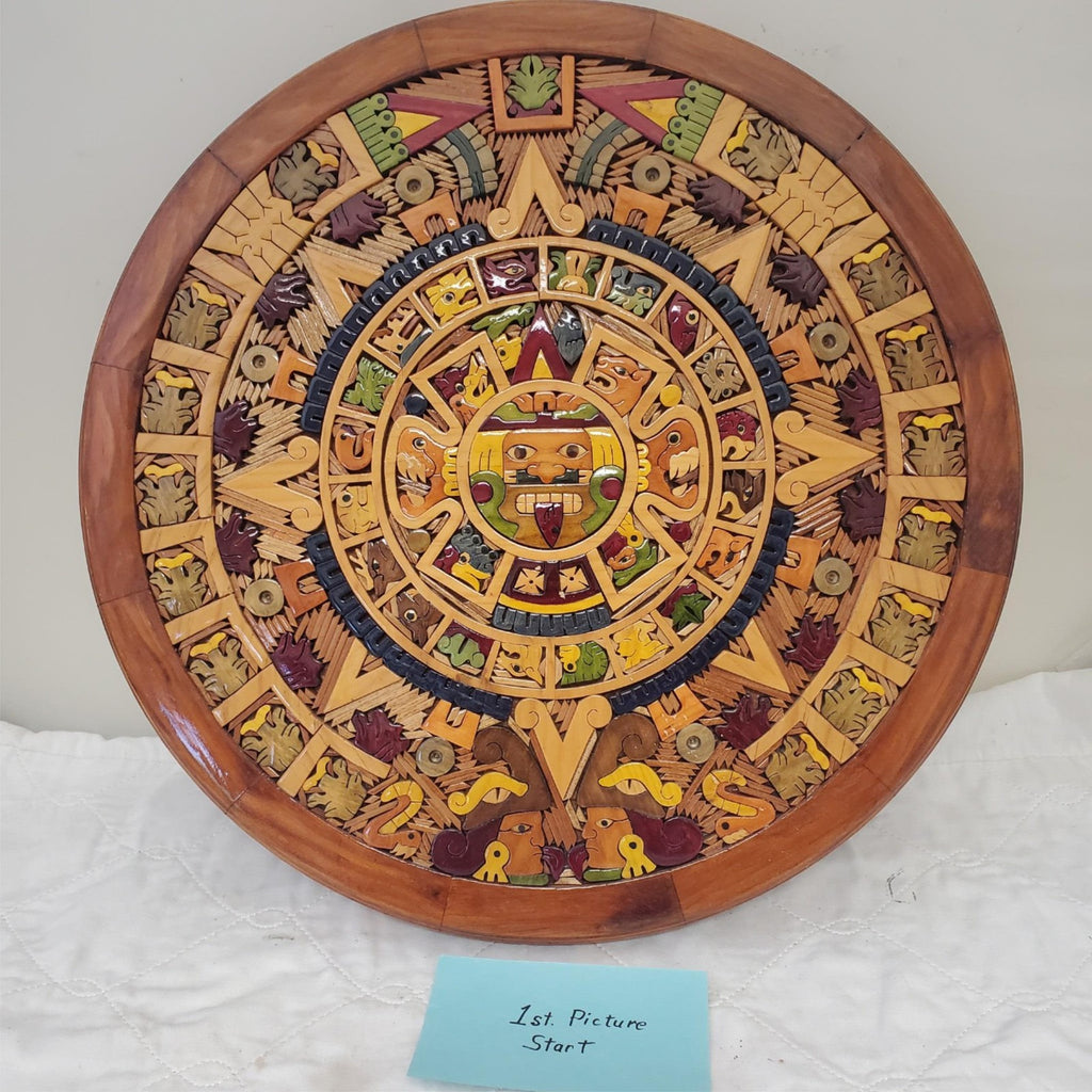 Beautiful Aztec Mayan Calendar Hand Carved Wooden Art