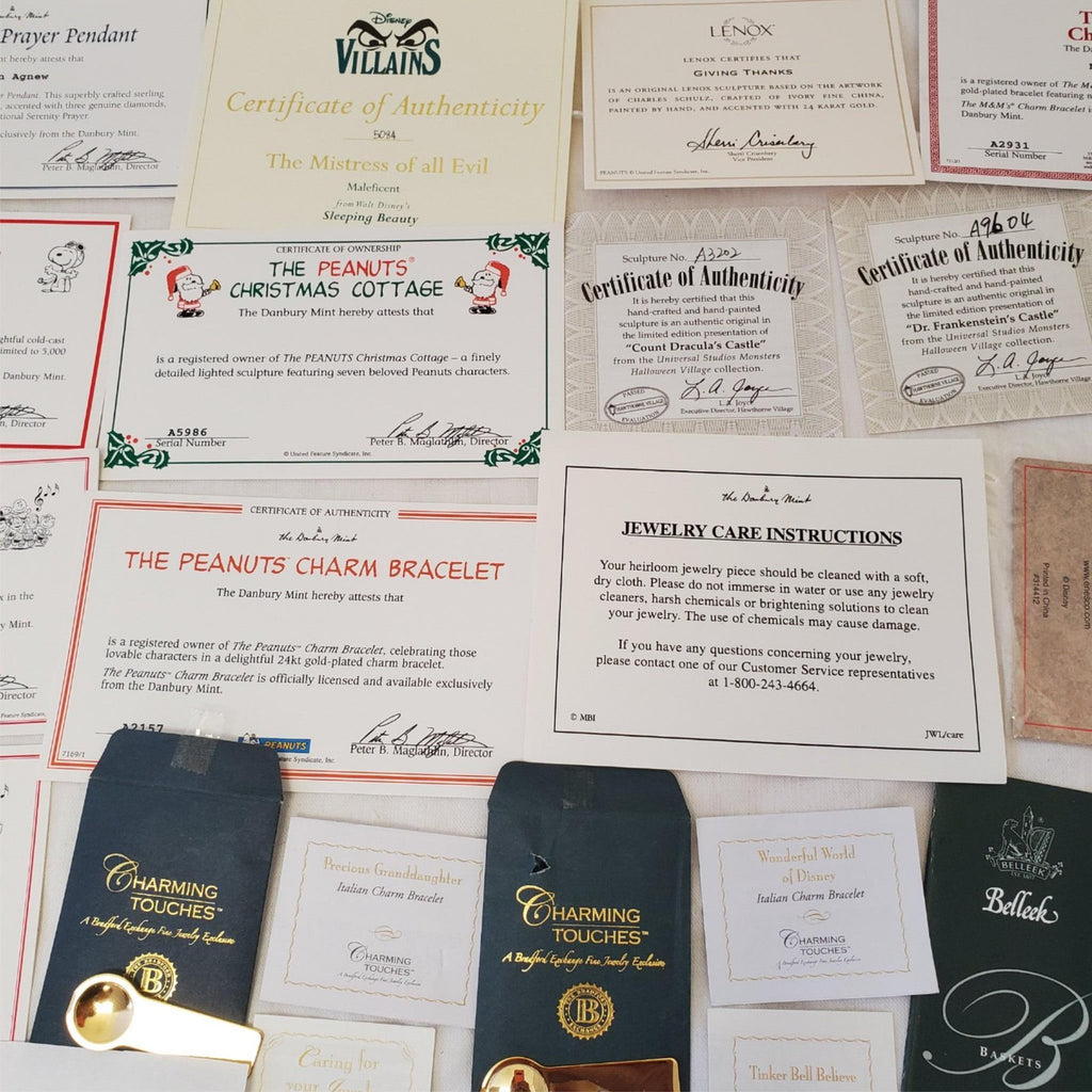 Large Lot of Disney Peanuts Certificate of Authenticity COA Paperwork