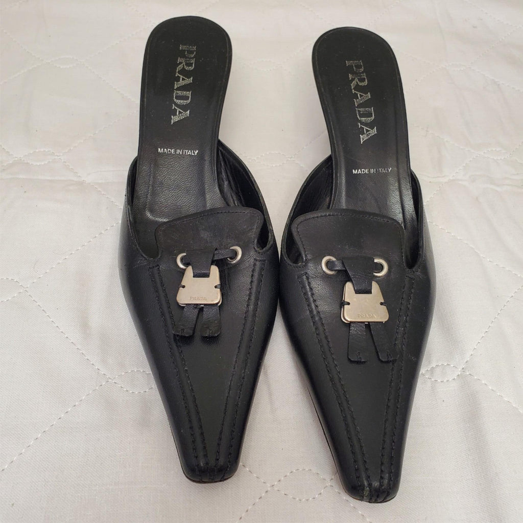 Prada 2000's Black Kitten Mule Heels with Silver Keychain Toe Strap
