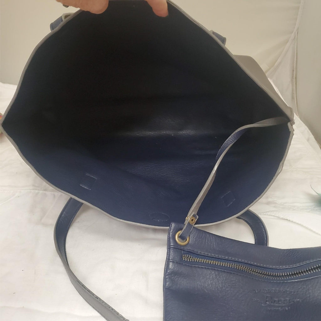 G.H. BASS & CO. Gool Grey & Navy Blue Large Tote Bag with Attached Inside Zipper