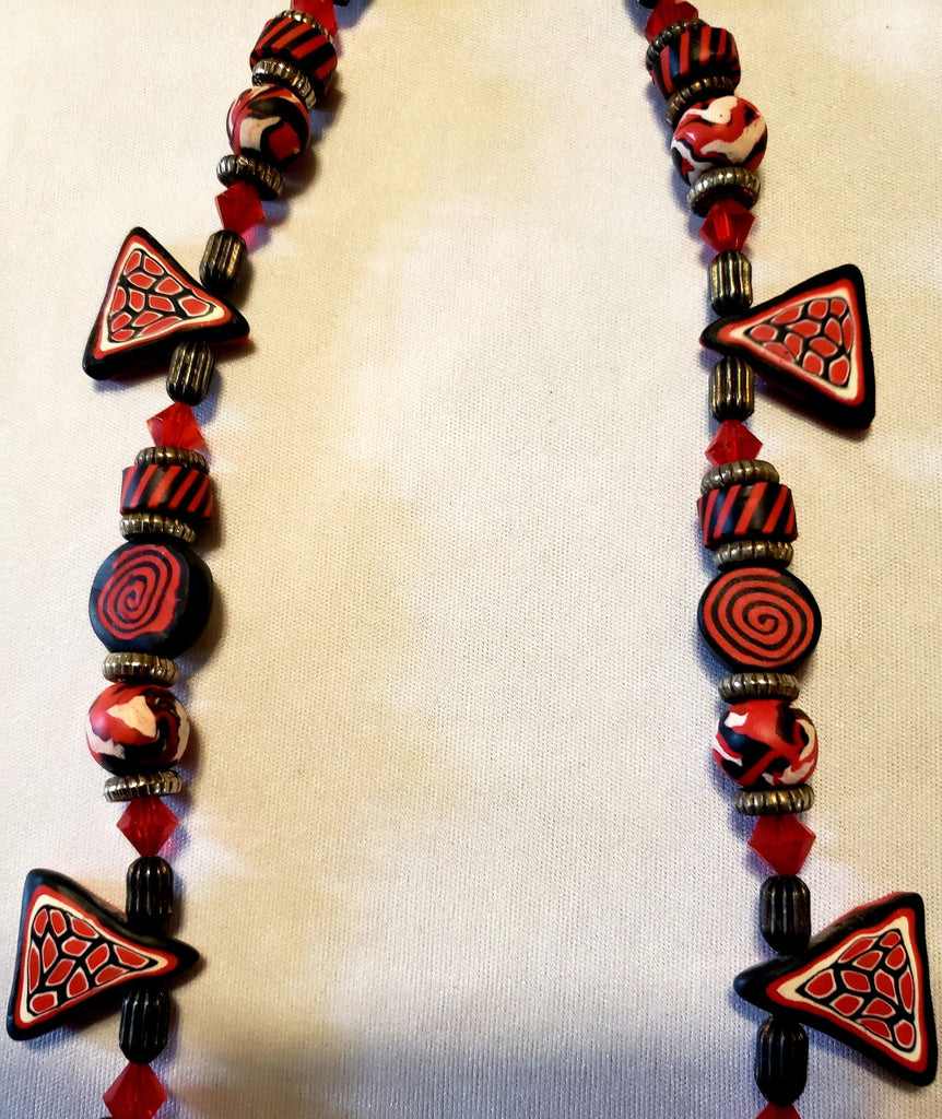 Used Handmade Polymer Clay Millefiori Red Triangle Design Necklace