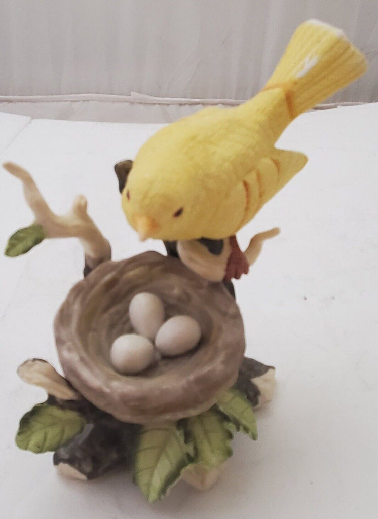 Ceramic Bird Figurine on Branch Tree Green Leaves Nest and Eggs White