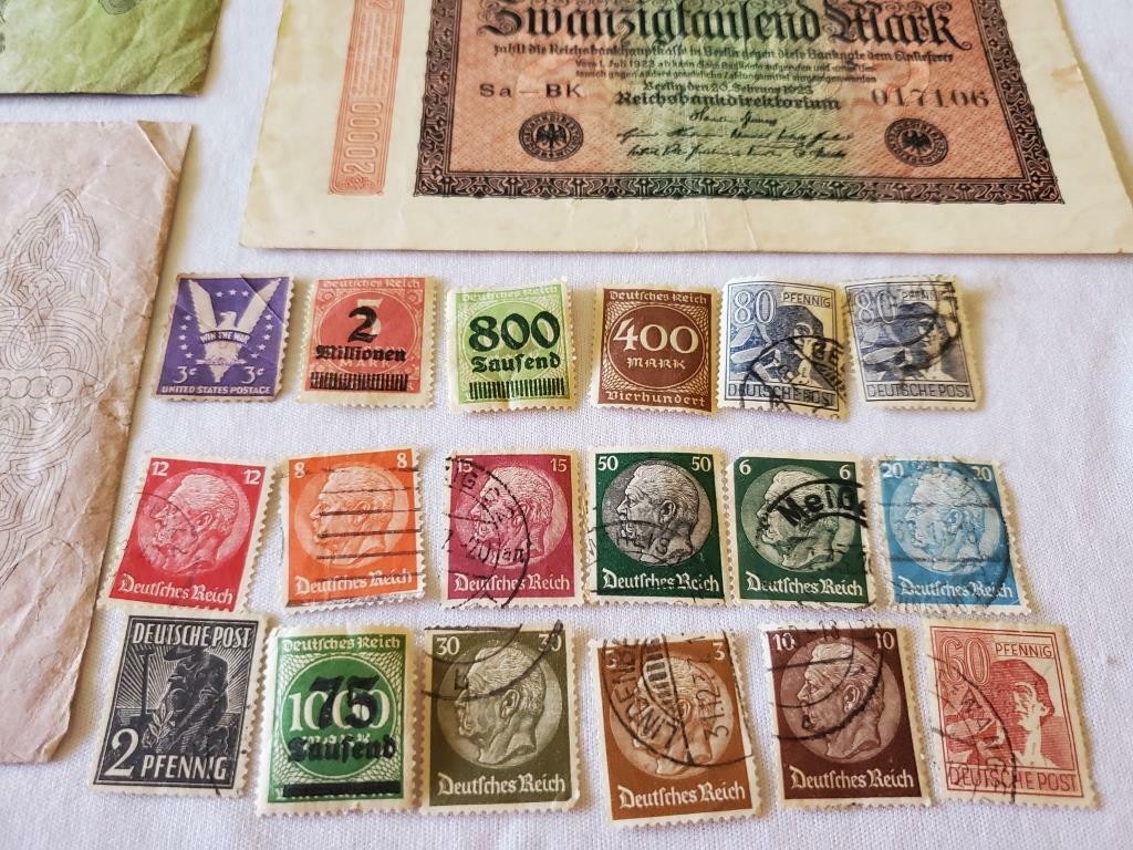 German Reichsbanknote 5000/100000/20000/1000 Mark Banknote and Lot German Stamps