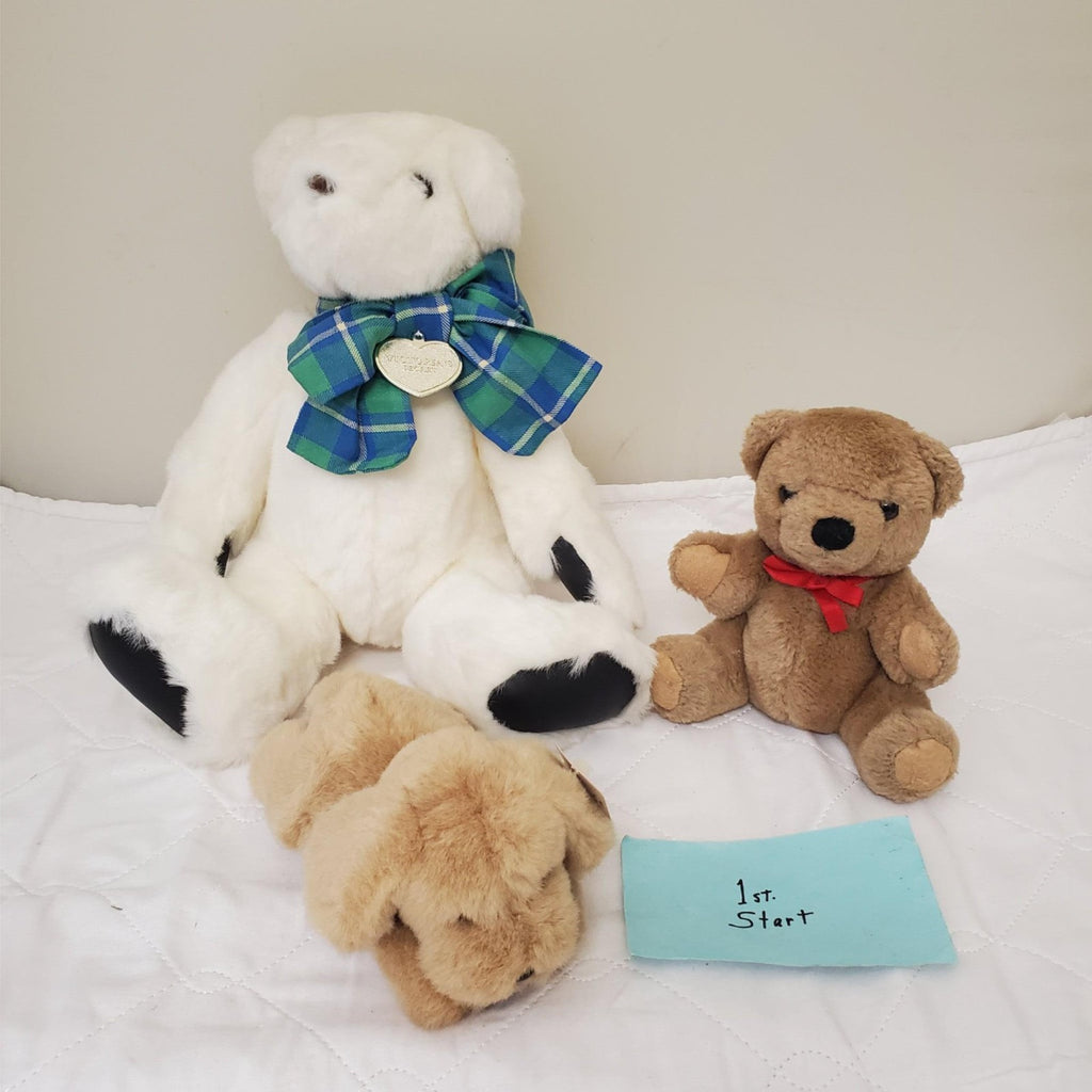 Set of 3 Vintage Plush Stuffed White Brown Bears & Dog Toys