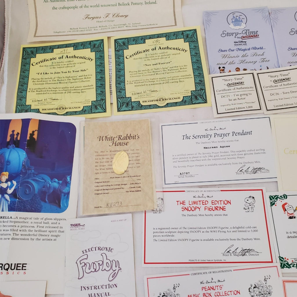 Large Lot of Disney Peanuts Certificate of Authenticity COA Paperwork