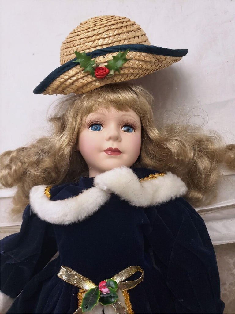 Vintage Original Christmas Porcelain Girl Fashion Doll Blue/White Dress