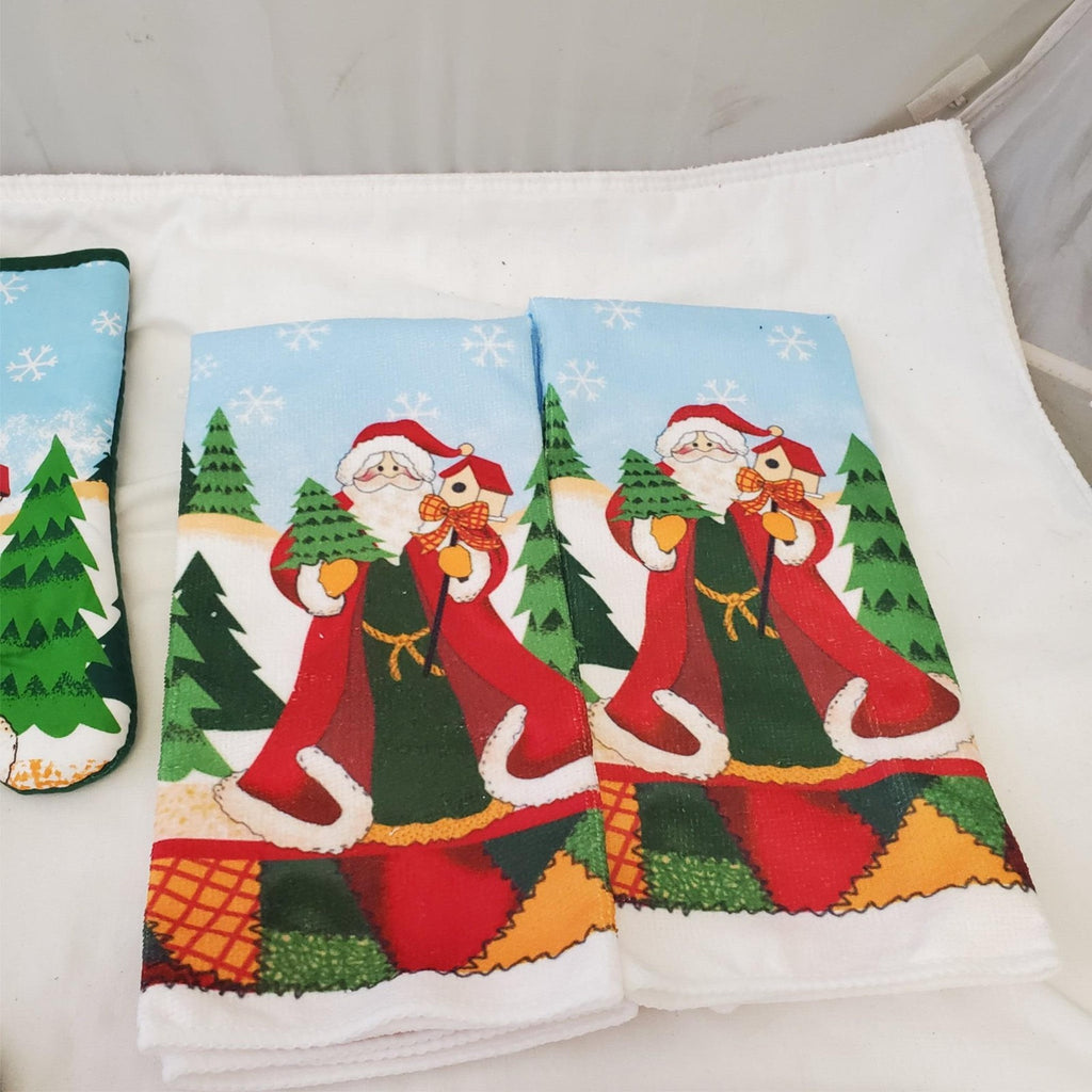 Set of 4 Christmas Santa Kitchen Towel, Oven Mitt & Pot Holder
