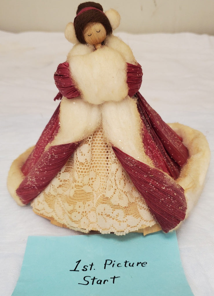 Vintage Handmade Red Velvet Doll w/ Lace & Fur Trim Coat Collector Figurine