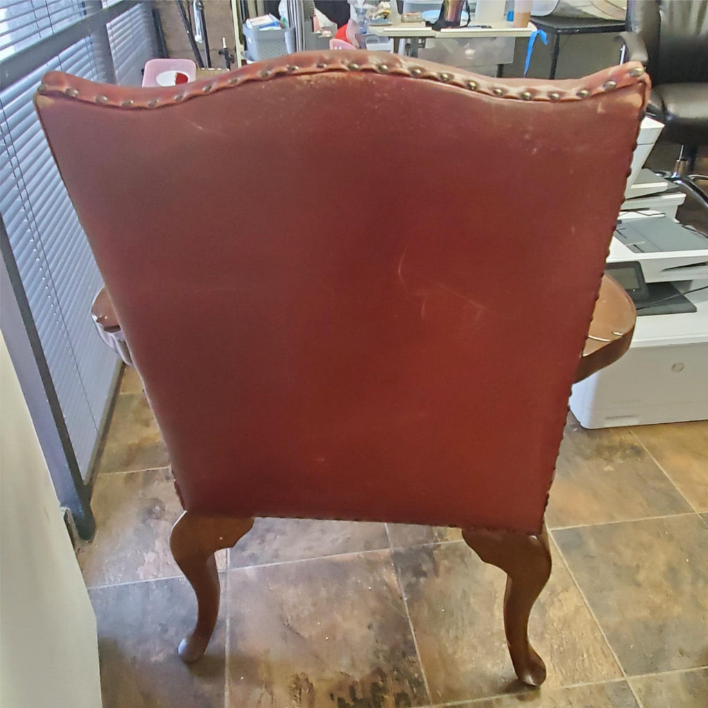 Vintage Antique Red Leather and Carved Owl Wood Armchair Law Office Chair
