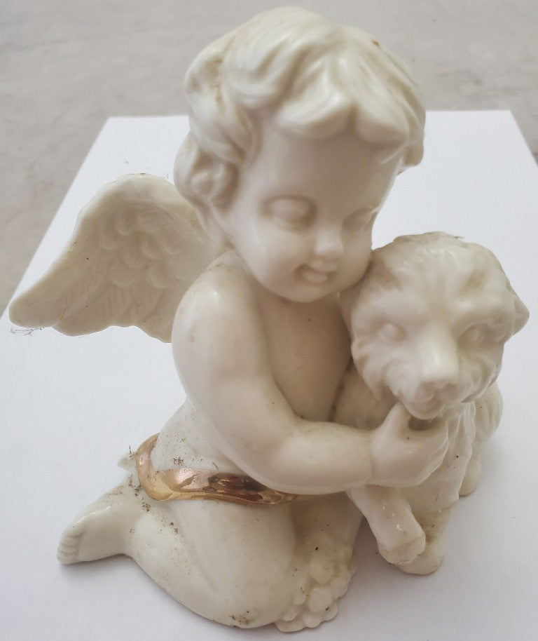 Vintage Used White Cherub Angel With Dog Statue