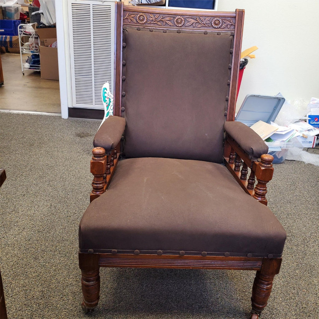 Antique Ornately Carved Wood Framed Fabric Victorian Throne Armchair
