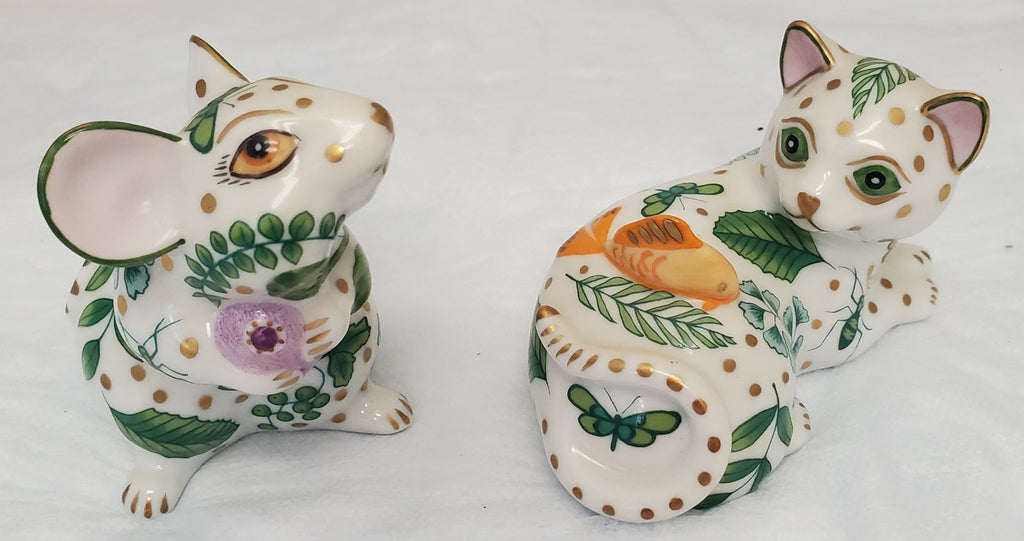 Vintage Lynn Chase Hollohaza Hungary Cat & Mouse Porcelain Figurines