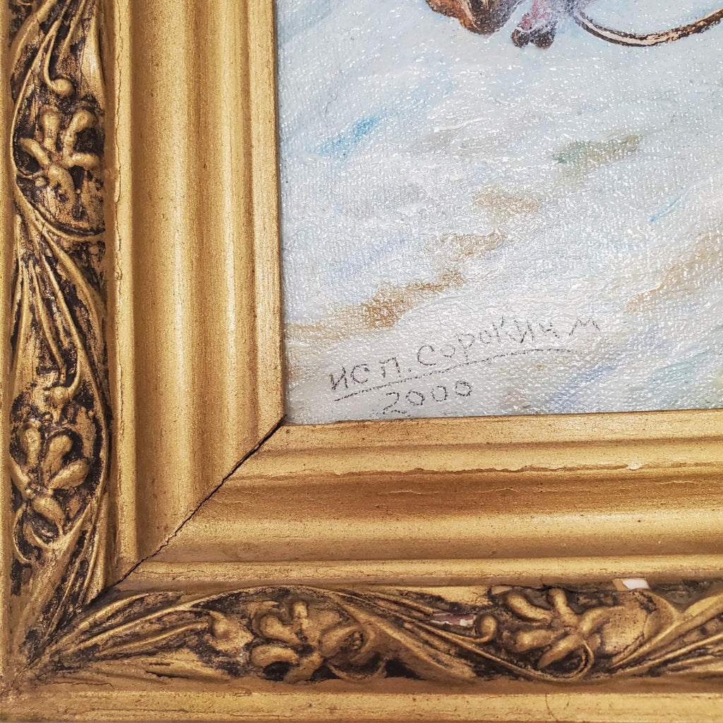 Vintage Winter Horse Sleigh Painting in Ornate Gold Frame