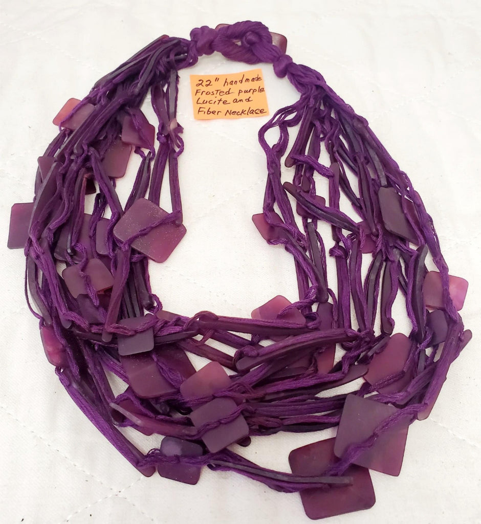 22" Hand Made Frosted Purple Lucite and Fiber Necklace
