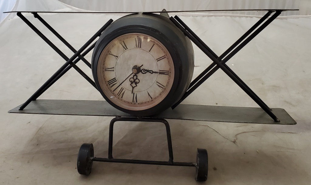 Antique Vintage Airplane-Biplane Metal Table Clock