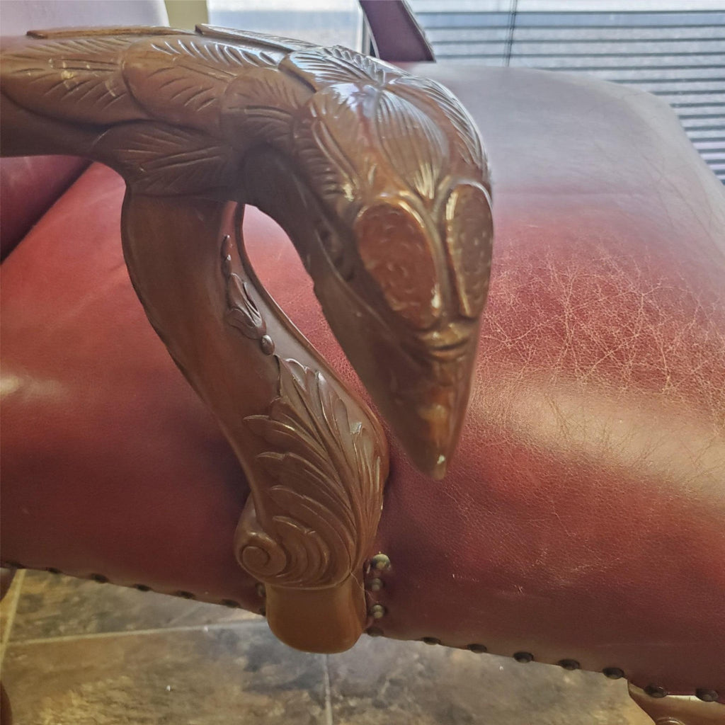 Vintage Antique Red Leather and Carved Owl Wood Armchair Law Office Chair
