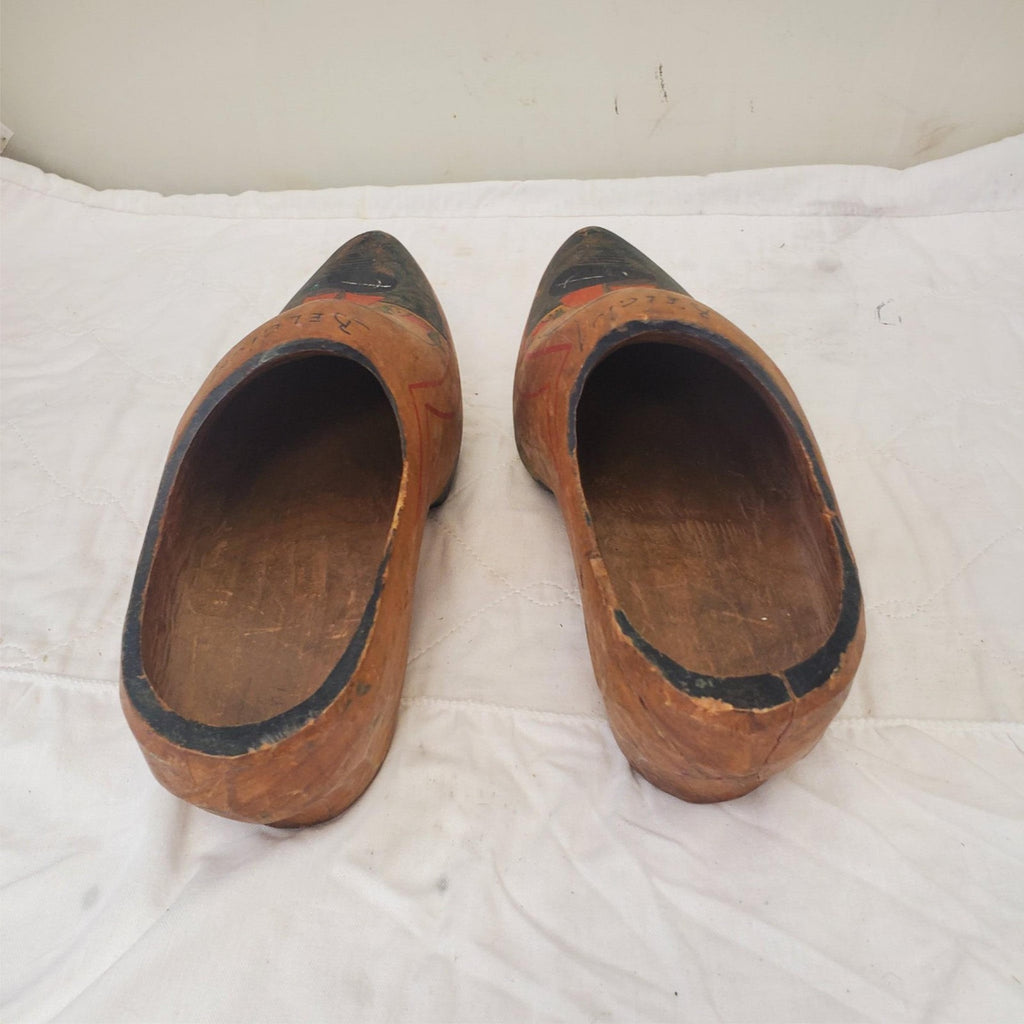 2 Antique Hand Painted Wooden Clogs Shoes Souvenir Antwerp Primitive Rustic 