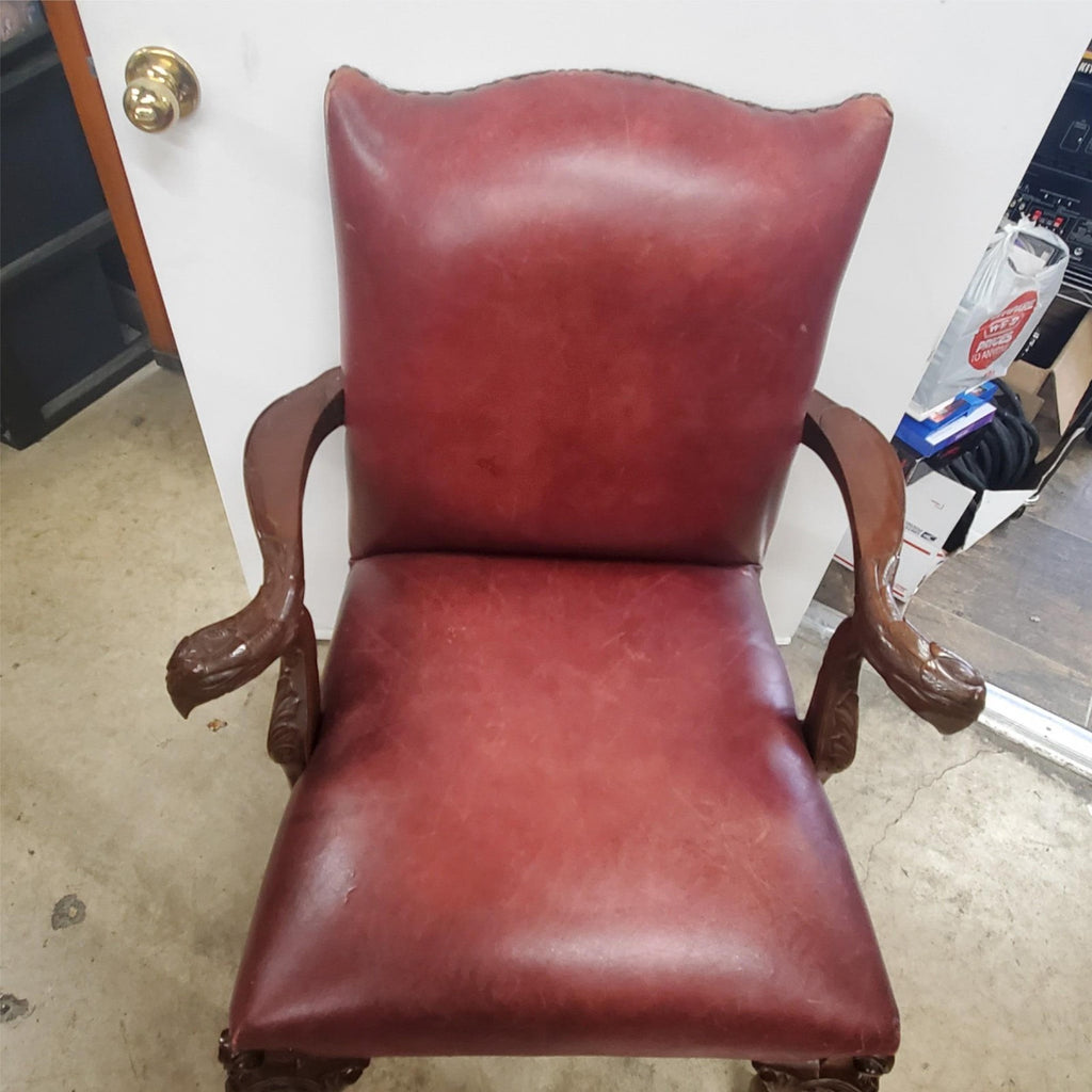 Antique Vintage Red Leather and Carved Owl Wood Armchair Law Office Chair