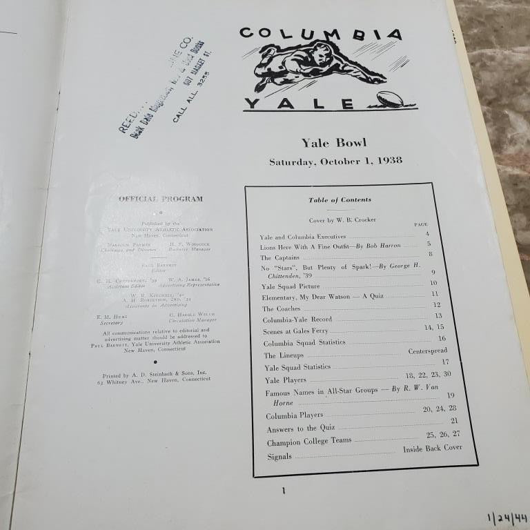 FOOTBALL Columbia vs. Yale GAME Official Program October, 1 1938