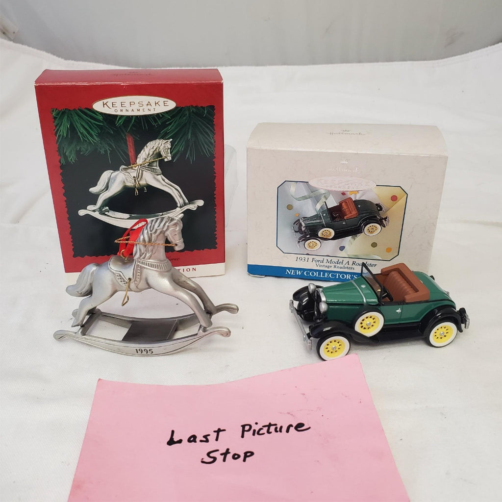 Hallmark Keepsake Ornament 1931 Ford Model a Roadster & Pewter Rocking Horse