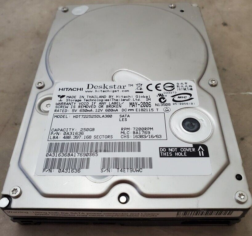 Hitachi Deskstar 250GB 7200RPM 8MB Cache SATA 3.5 Hard Disk Drive HDT722525DLA38