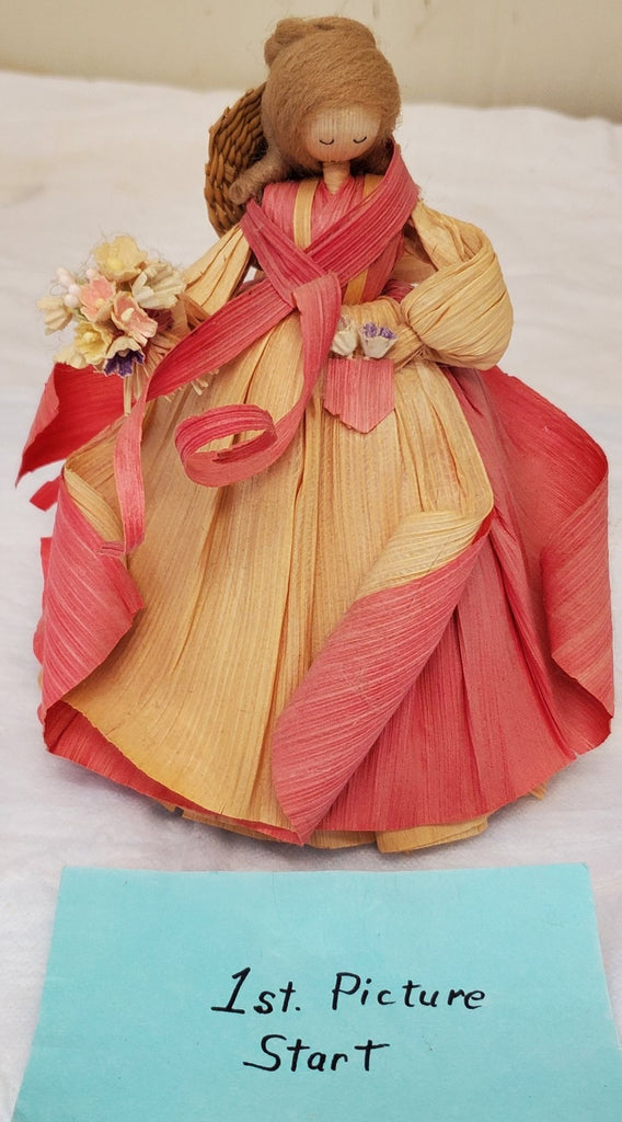 Vintage 1996 Nan’s Corn Husk Doll 7.5" Spring Girl w/ Hat & Braided Hai