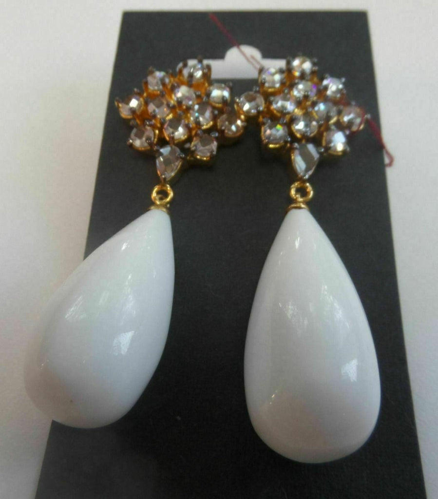 Solid White & Smoky Sparkle Gem Teardrop Gold Tone Earrings